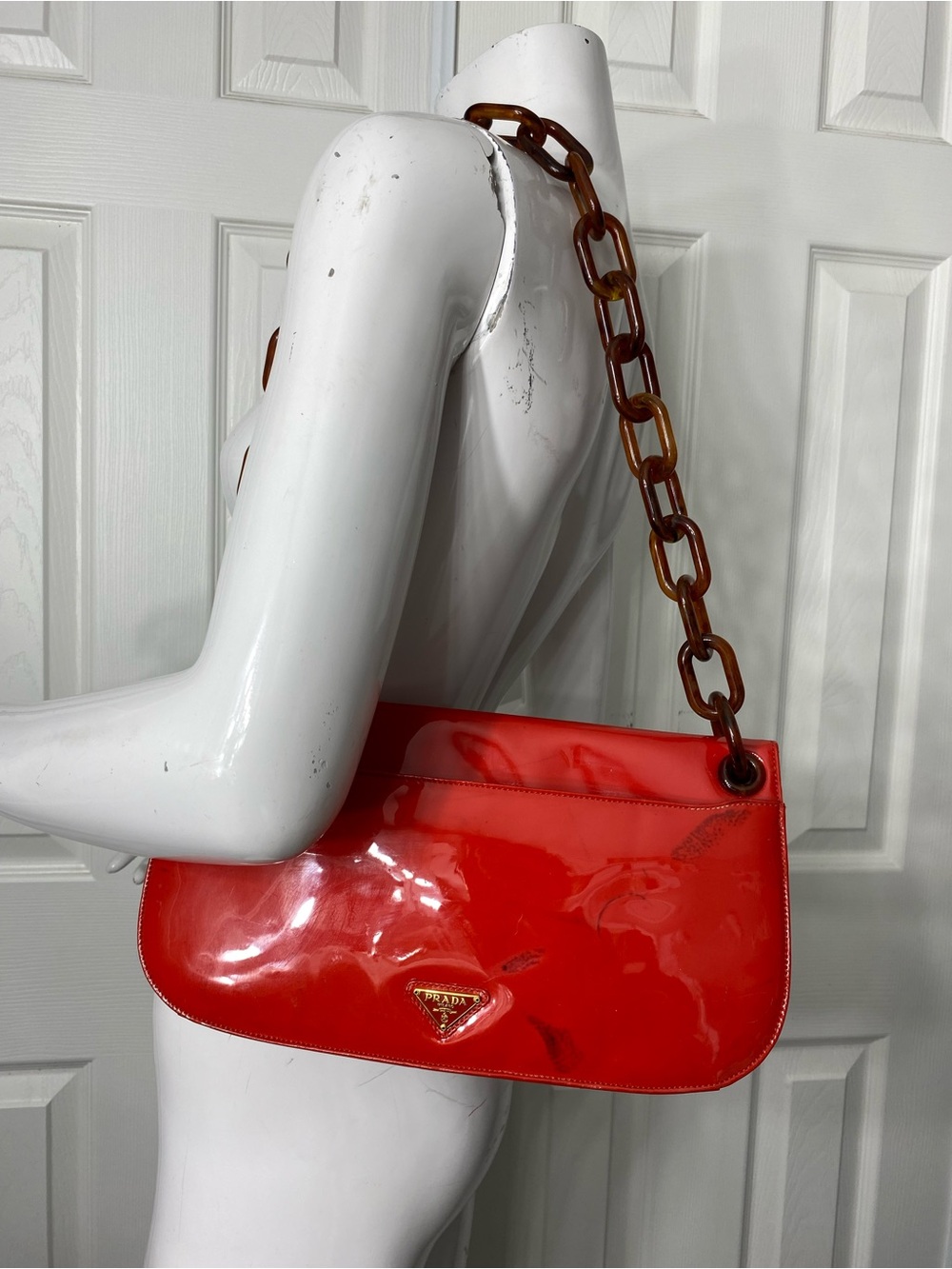 Prada Red Patent Shoulder Bag with Tortoiseshell-Link Strap